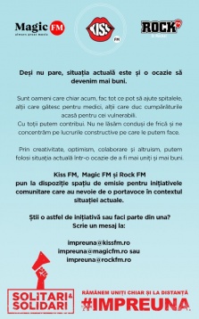 Kiss FM, Rock FM și Magic FM oferă spațiu de emisie gratuit pentru inițiativele în lupta COVID19